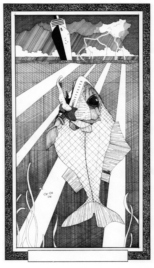 A pen and ink drawing of a giant fish about to devour a ship.