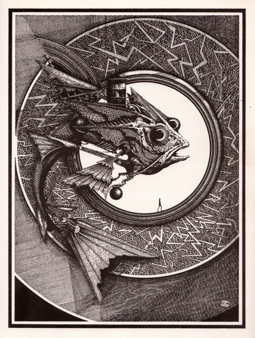 Detailed line drawing of an imaginary fish