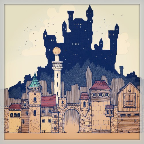 A coloured illustration of a city and castle