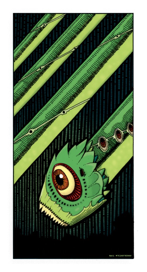 The Lambton Worm, in bright greens with a big goggly eye