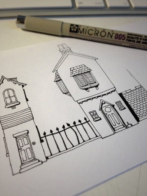 Sketch in pen of a couple of buildings